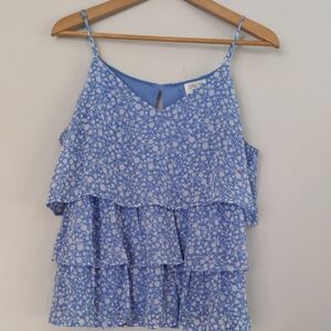 Sienna Sky Tank Blouse Women's Large Blue White Ruffle lined Summer Top